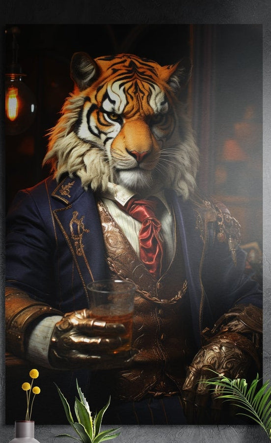 Tiger in a navy suit and red necktie holding a tumbler, brushed aluminum wall art on a gray wall above a vase and plants
