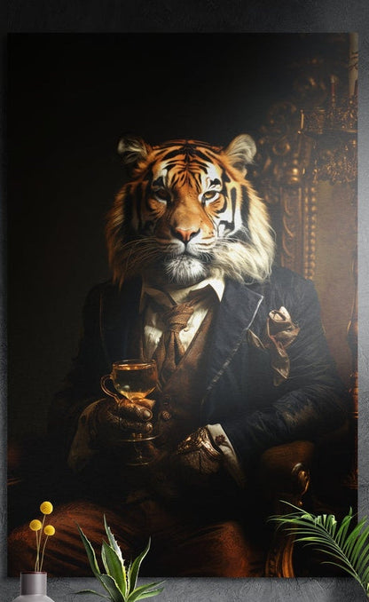 Tiger in a dark suit holding a golden glass in a carved chair, brushed aluminum wall art on a gray wall above yellow flowers