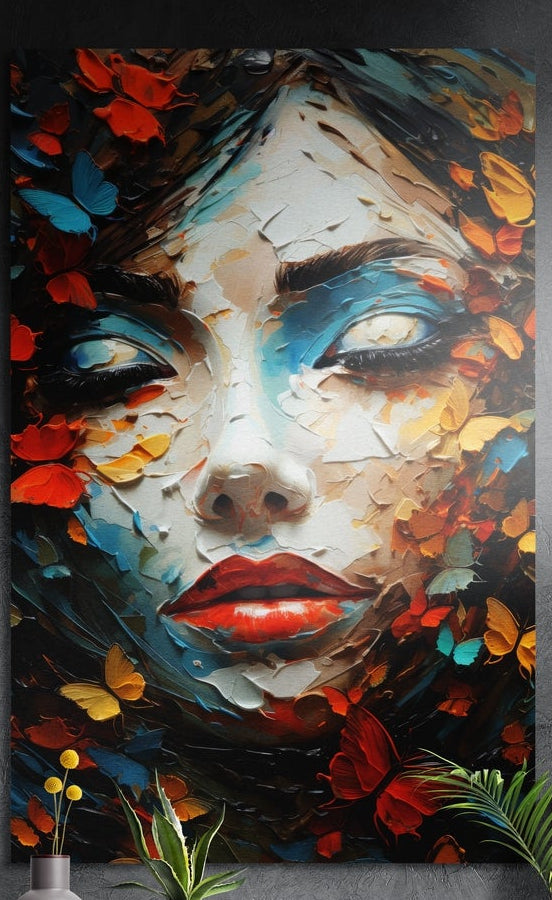 Woman's face among autumn leaves and butterflies, brushed aluminum wall art on a dark wall behind plants