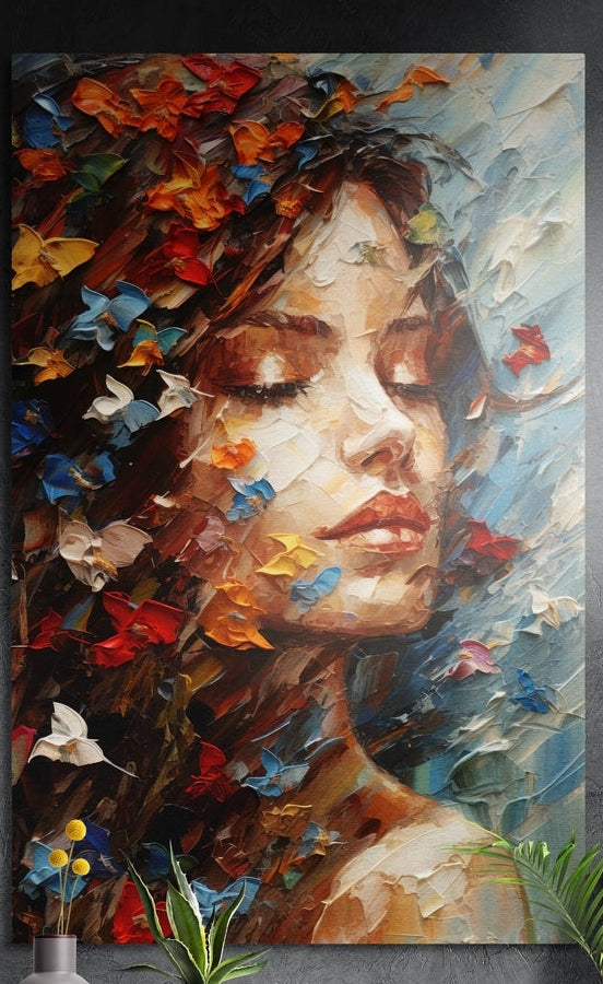 Woman with closed eyes and butterflies in her hair, brushed aluminum wall art on a gray wall above yellow flowers