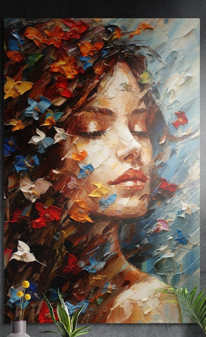 Woman with closed eyes and butterflies in her hair, brushed aluminum wall art on a gray wall above yellow flowers