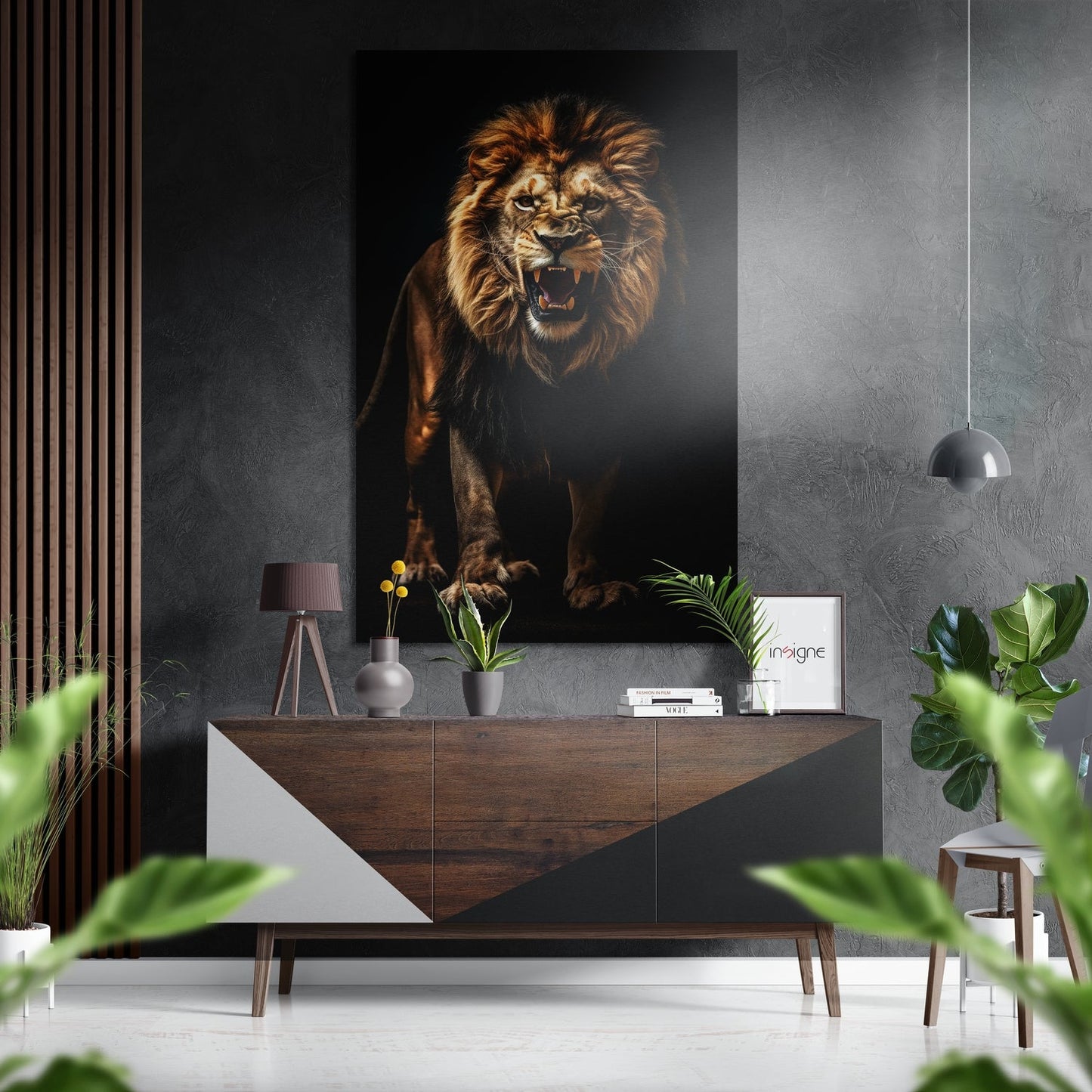 Lion in darkness metal wall art with dramatic shadow and bold mane