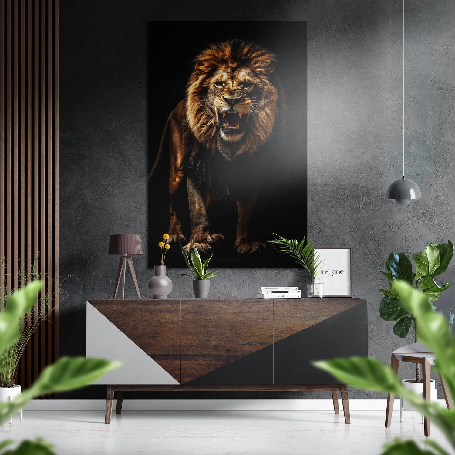 Lion in darkness metal wall art with dramatic shadow and bold mane