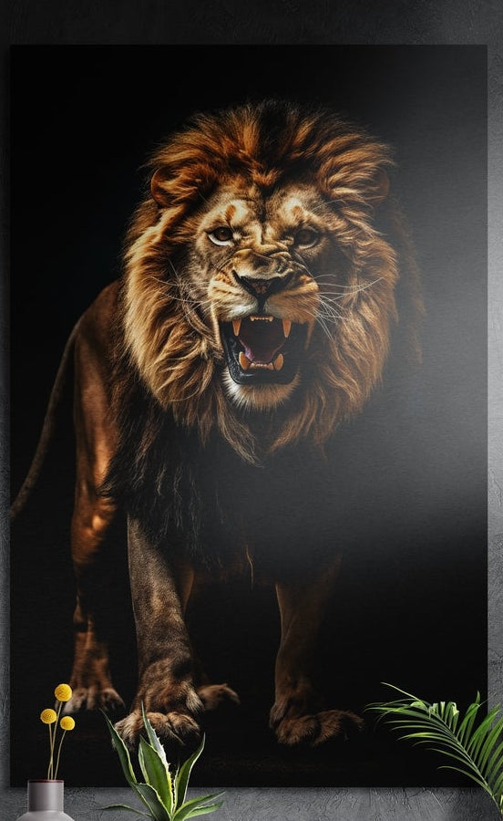 Roaring lion stepping out of darkness brushed aluminum wall art on a dark gray wall above plants