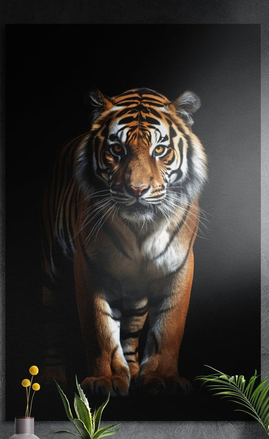 Tiger walking forward out of a black background, brushed aluminum wall art on a gray wall above a vase and plants