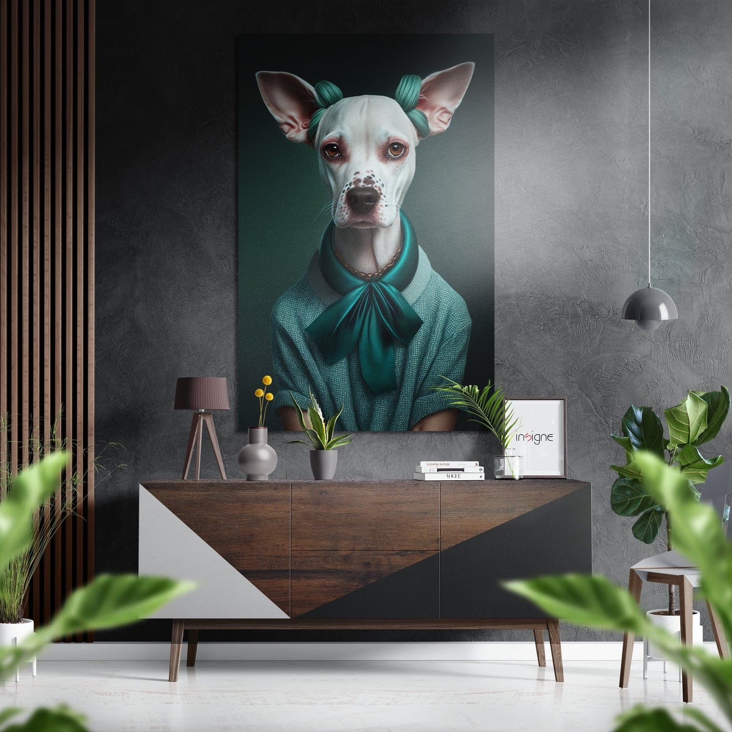 Lady dog metal wall art, elegant dressed dog portrait on brushed aluminum dibond