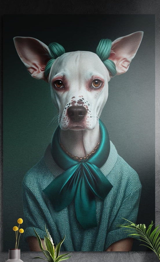 Lady dog in teal sweater and satin bow brushed aluminum wall art on a dark textured wall above potted plants