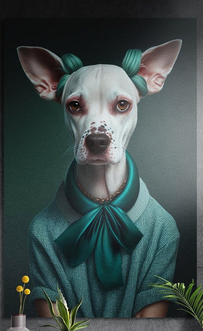 Lady dog in teal sweater and satin bow brushed aluminum wall art on a dark textured wall above potted plants
