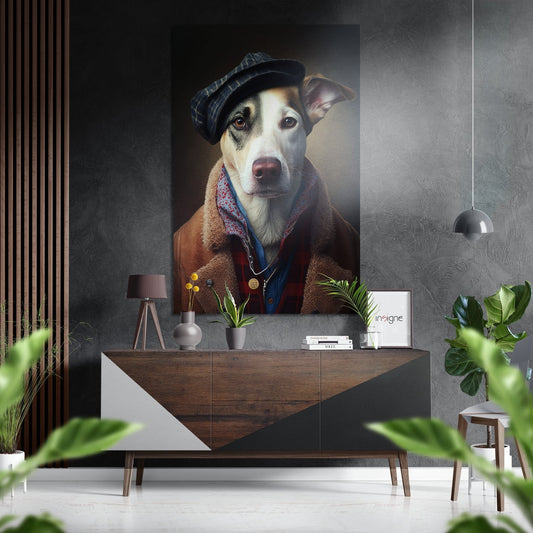 Mr. dog metal wall art, dapper gentleman dog portrait on brushed aluminum dibond