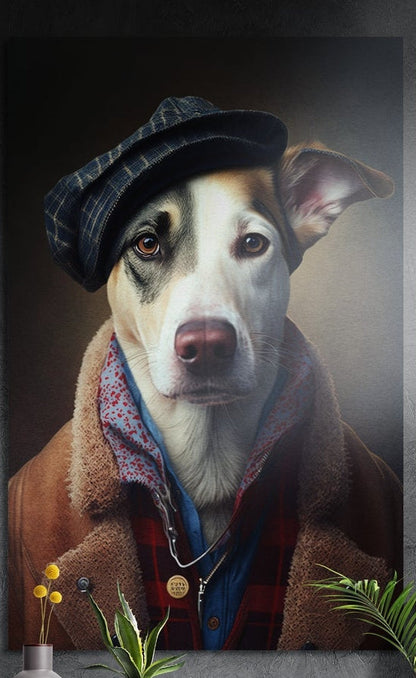 Dog in newsboy cap and shearling coat brushed aluminum wall art on a dark textured wall above potted plants
