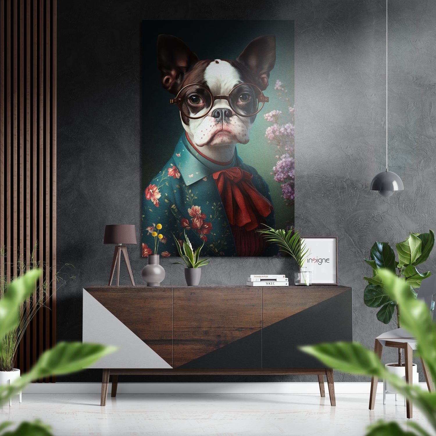 Monsieur dog metal wall art, debonair dog portrait on brushed aluminum dibond