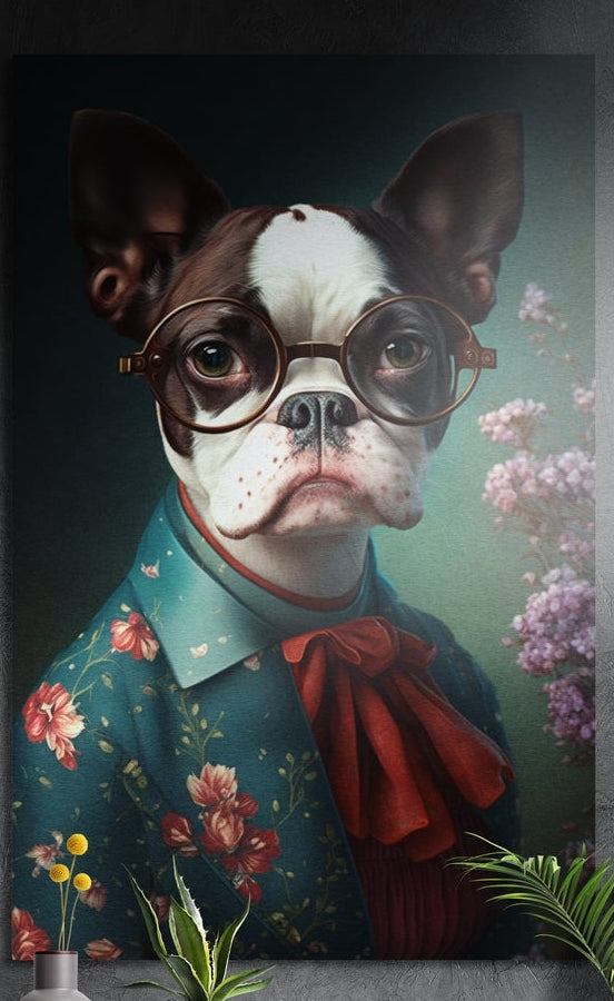 Dapper dog in round glasses and floral shirt brushed aluminum wall art on a dark textured wall above potted plants