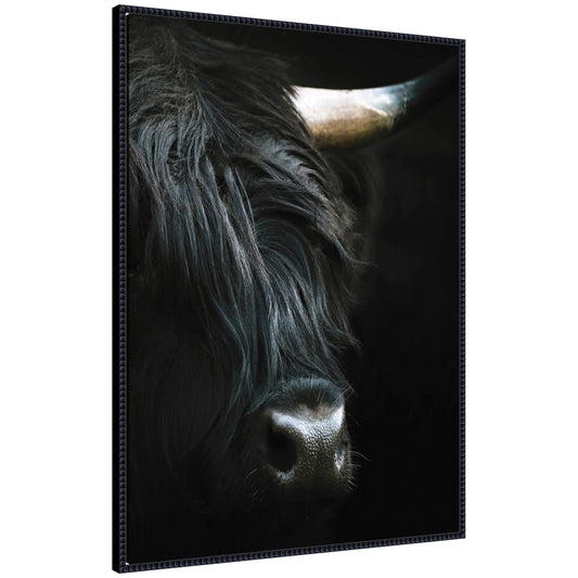 Minimalist black Highland cow framed canvas wall art in a beaded black frame