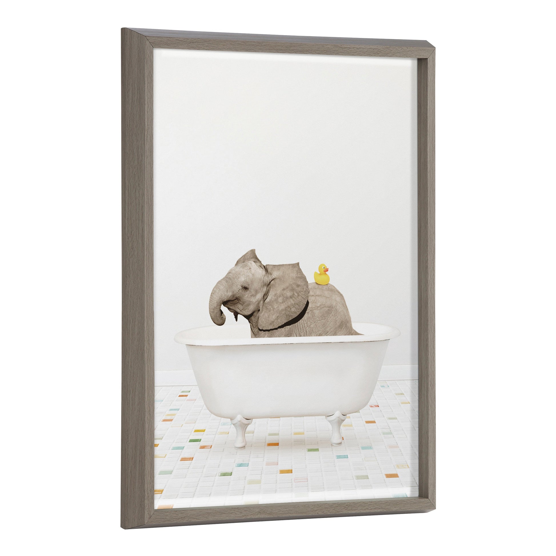Baby elephant bath time with rubber ducky framed glass wall art