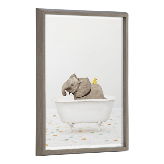 Baby elephant bath time with rubber ducky framed glass wall art