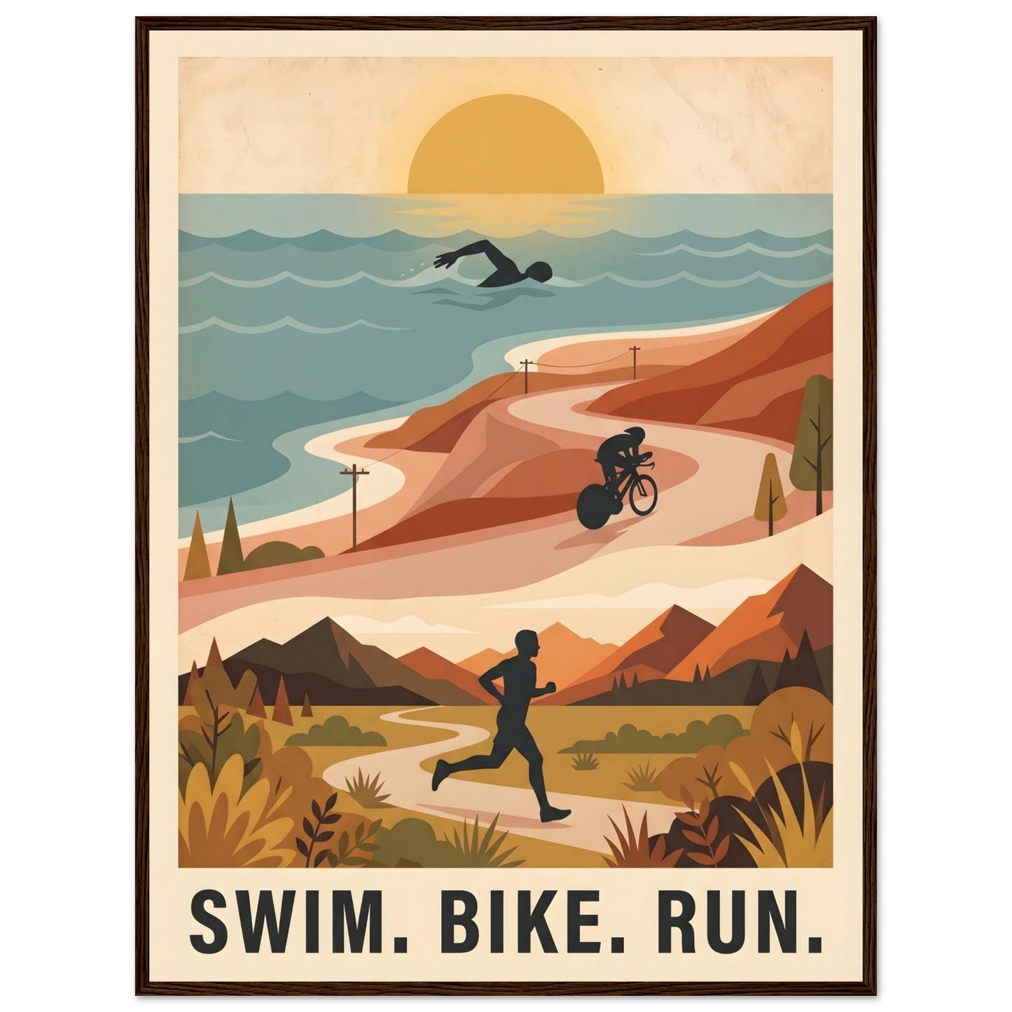 Triathlon Poster: Retro Swim Bike Run Framed Wall Art - 60x80 cm / 24x32″ - Dark wood frame / Ready-to-hang - Sparkycare