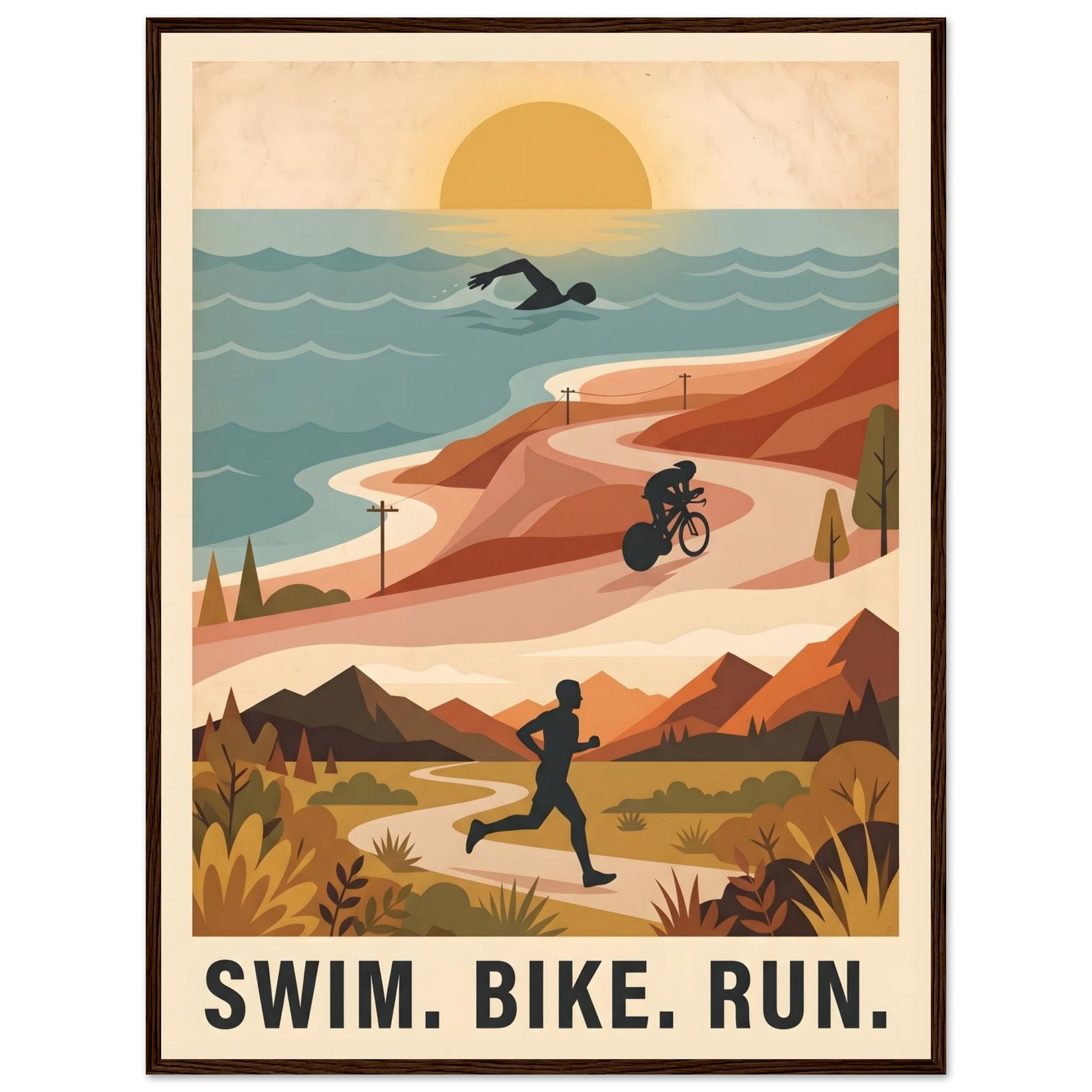 Triathlon Poster: Retro Swim Bike Run Framed Wall Art - 20x25 cm / 8x10″ - White frame / Ready-to-hang - Sparkycare