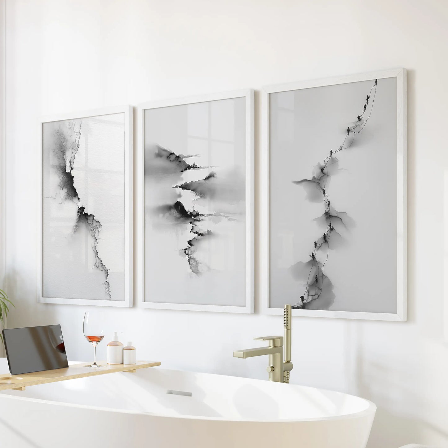 Abstract Mountain Wall Art, Black White 3 Piece Set