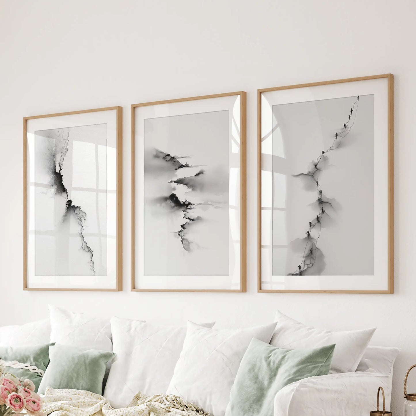 Abstract Mountain Wall Art, Black White 3 Piece Set