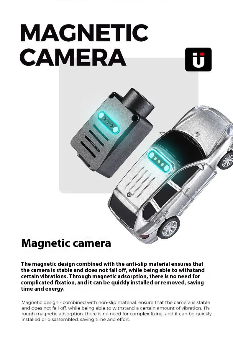 Magnetic camera with car illustration and text on a white background