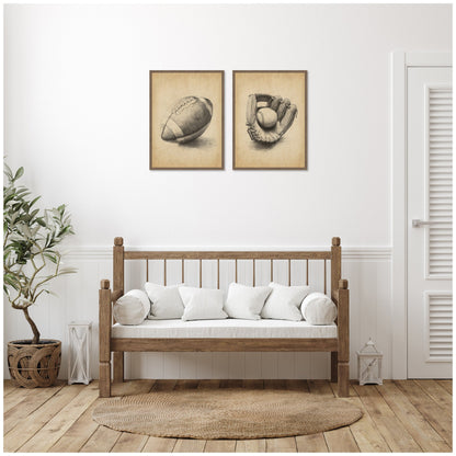 Vintage Football and Baseball 2 Piece Framed Canvas Set