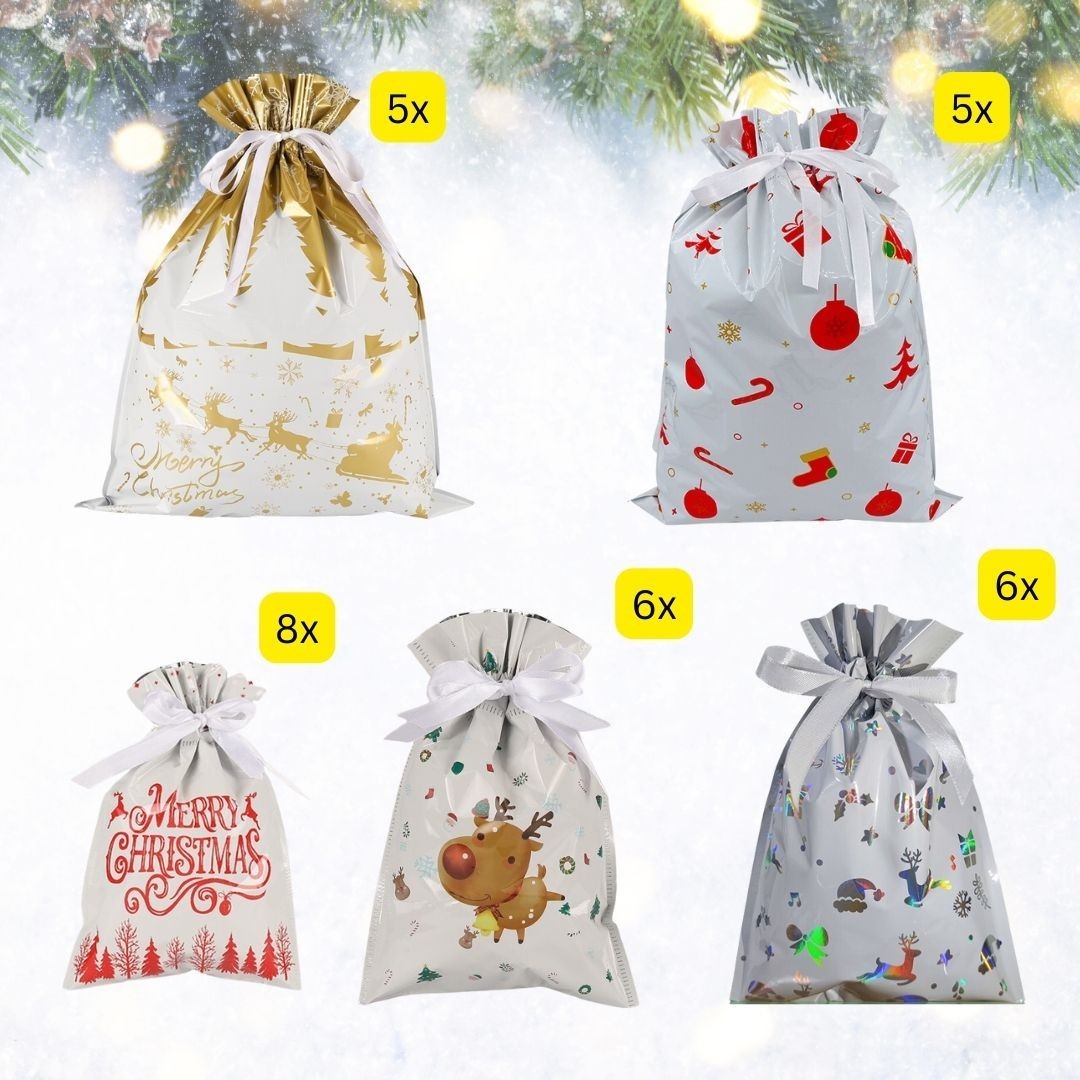 Set of Christmas-themed gift bags with various designs on a white background.