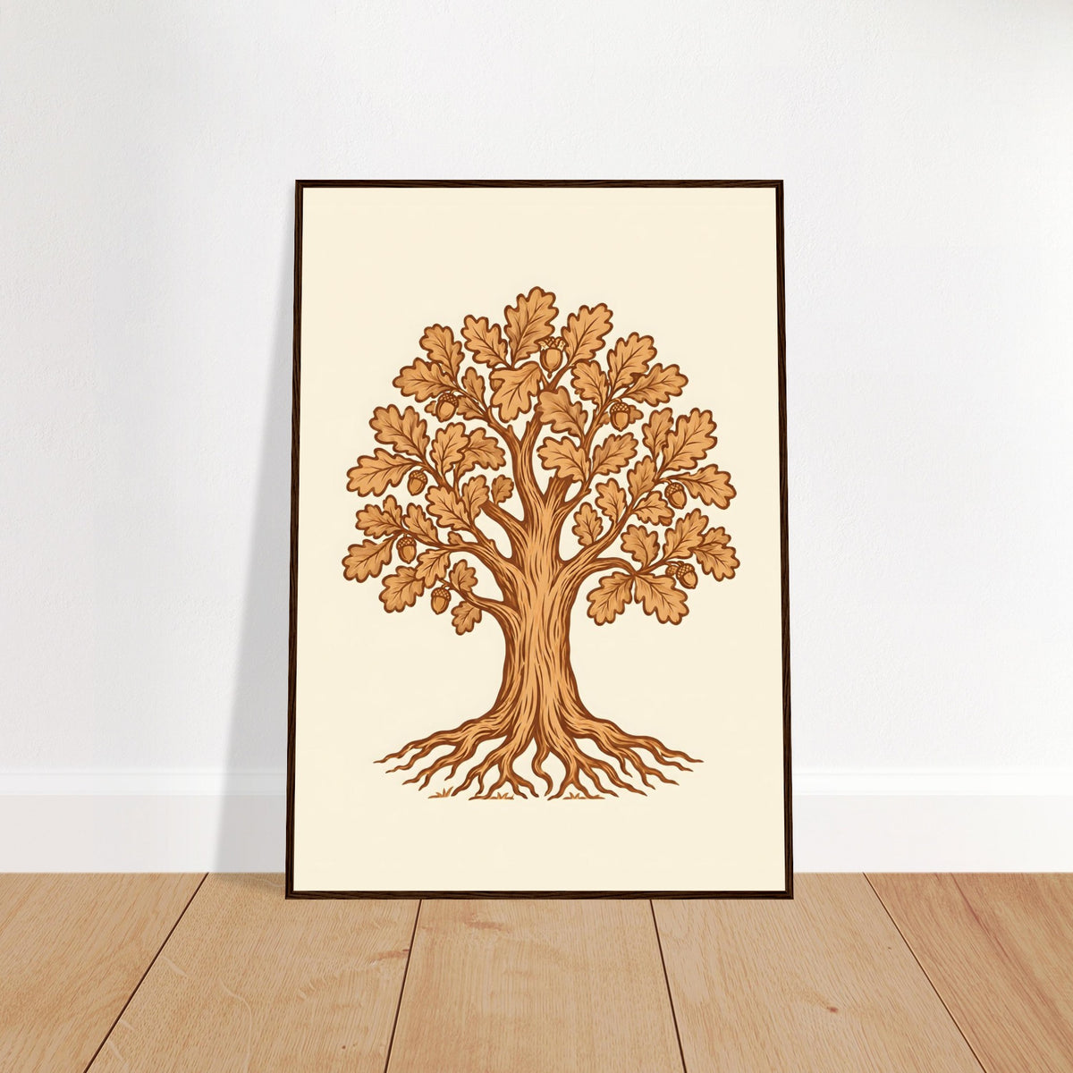 Oak tree print in leather tones in a dark wood frame, our pick for this design