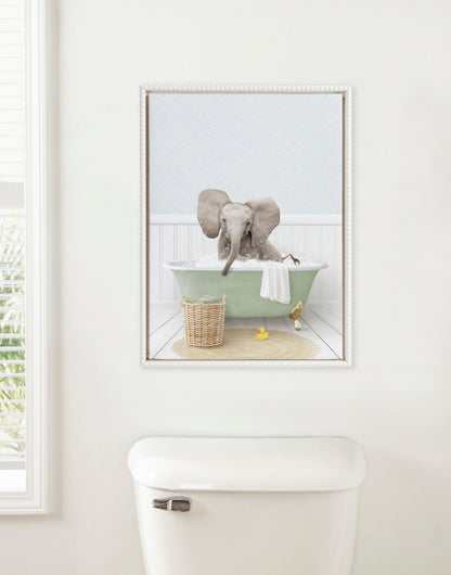Sylvie Beaded Baby Elephant Big Ears in Cottage Bath Framed Canvas by Amy Peterson