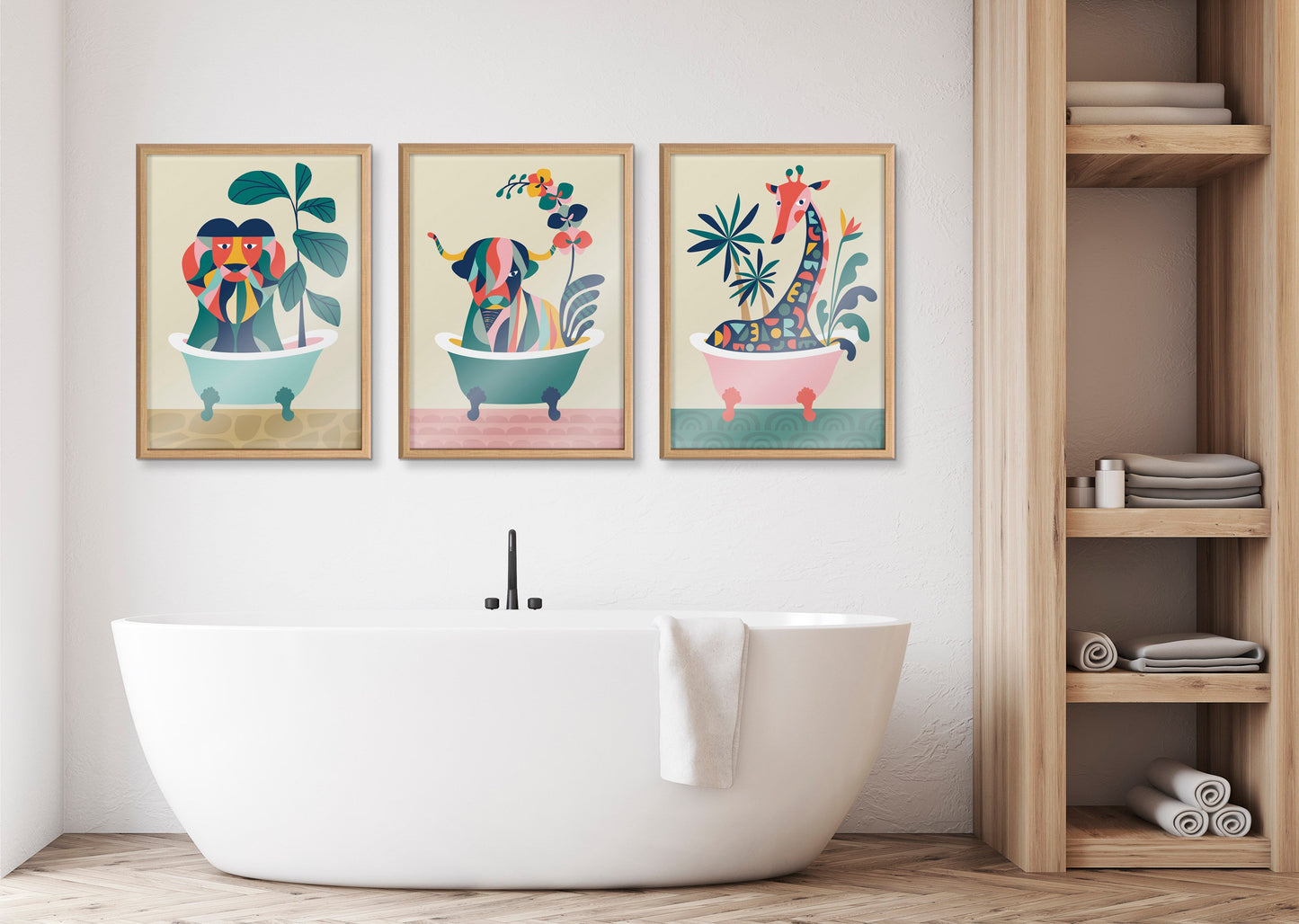 Mid Century Modern Lion in Bathtub Framed Glass Wall Art