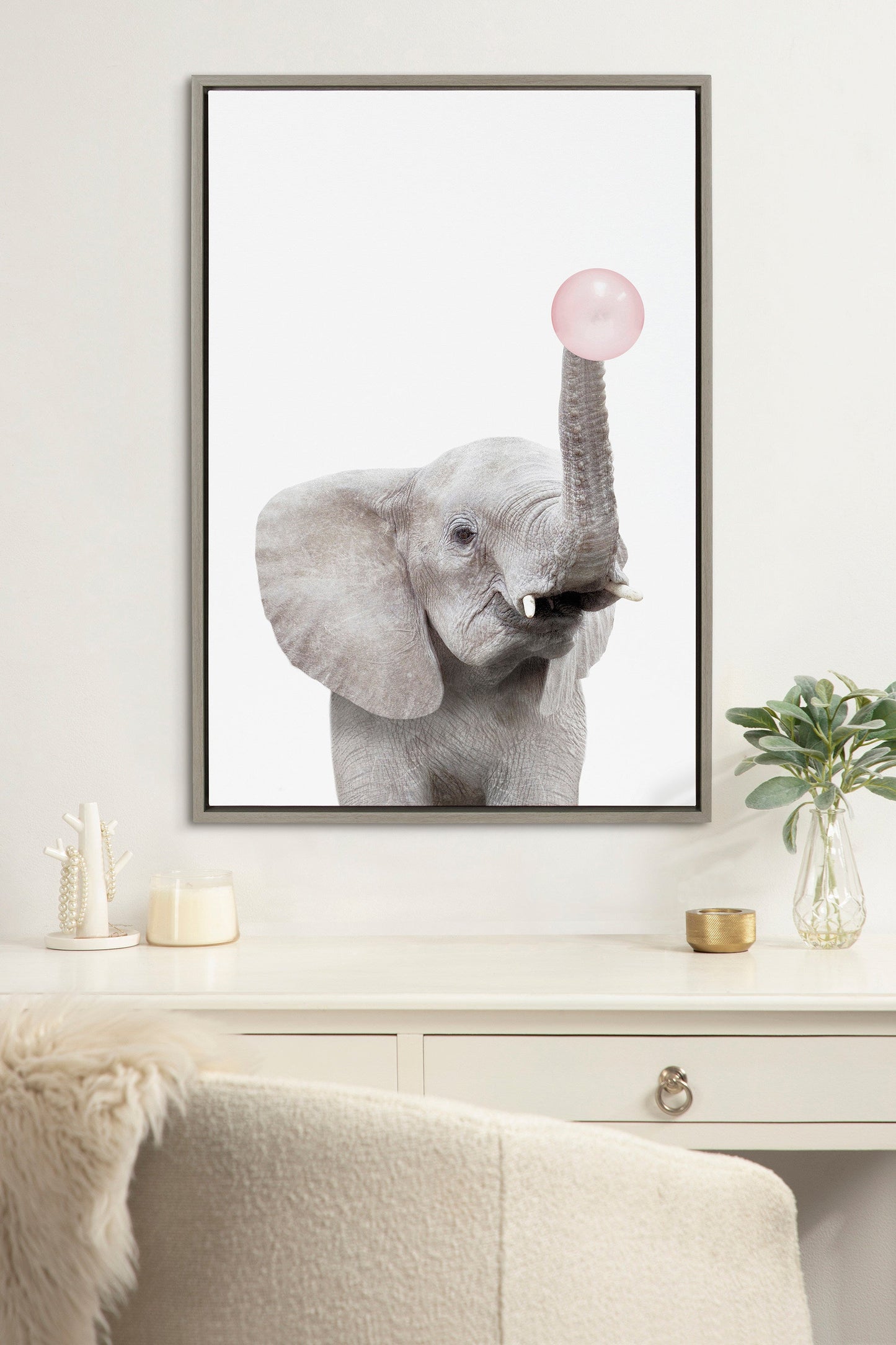 Bubble Gum Elephant Framed Canvas Wall Art