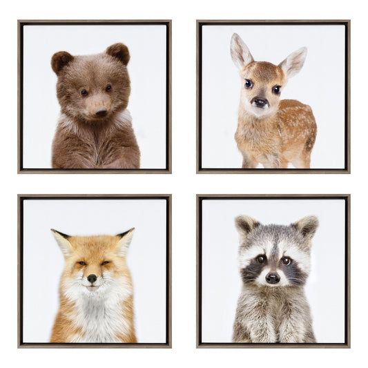 Framed canvas of soft woodland animals for nursery and reading nook wall decor
