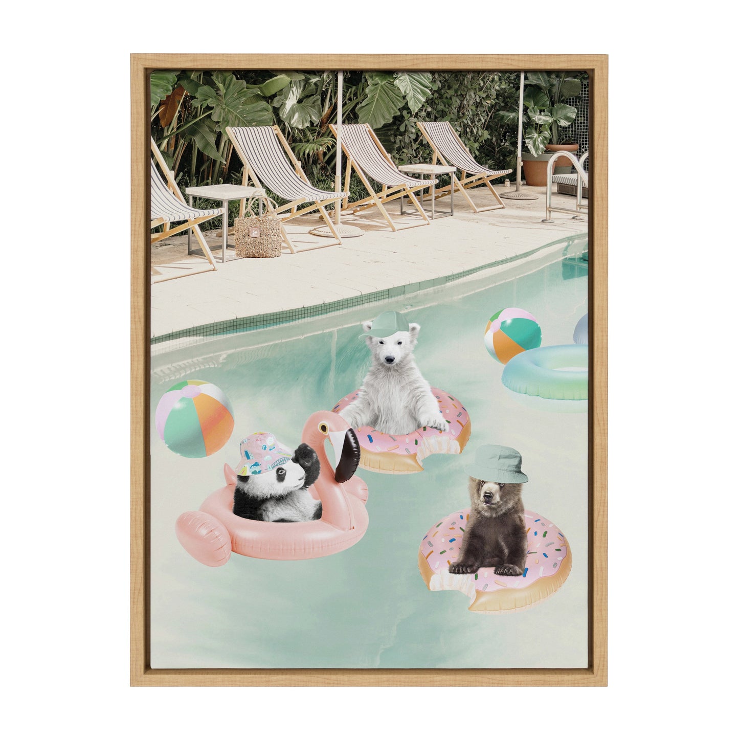 Pool Party Animals Whimsical Framed Canvas Wall Art