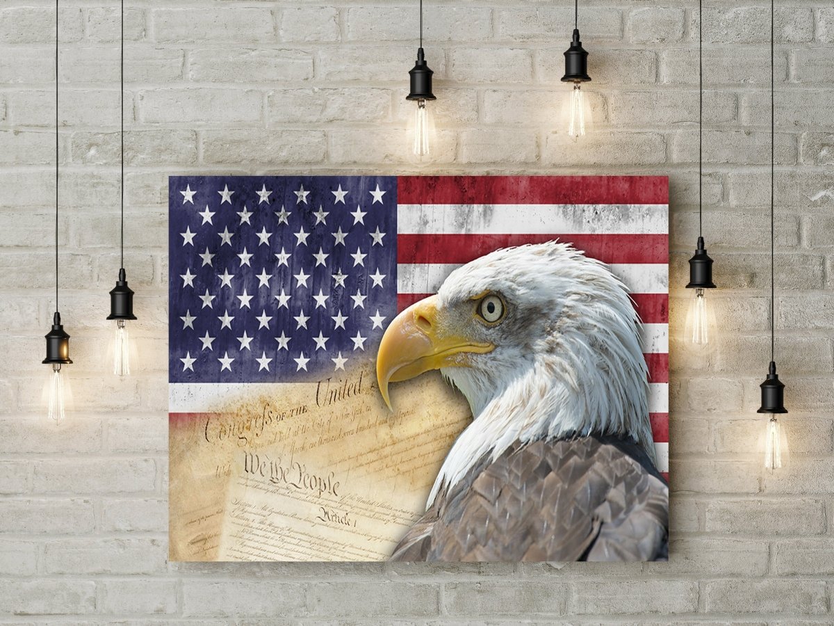 American flag bald eagle canvas wall art, patriotic gallery-wrapped decor