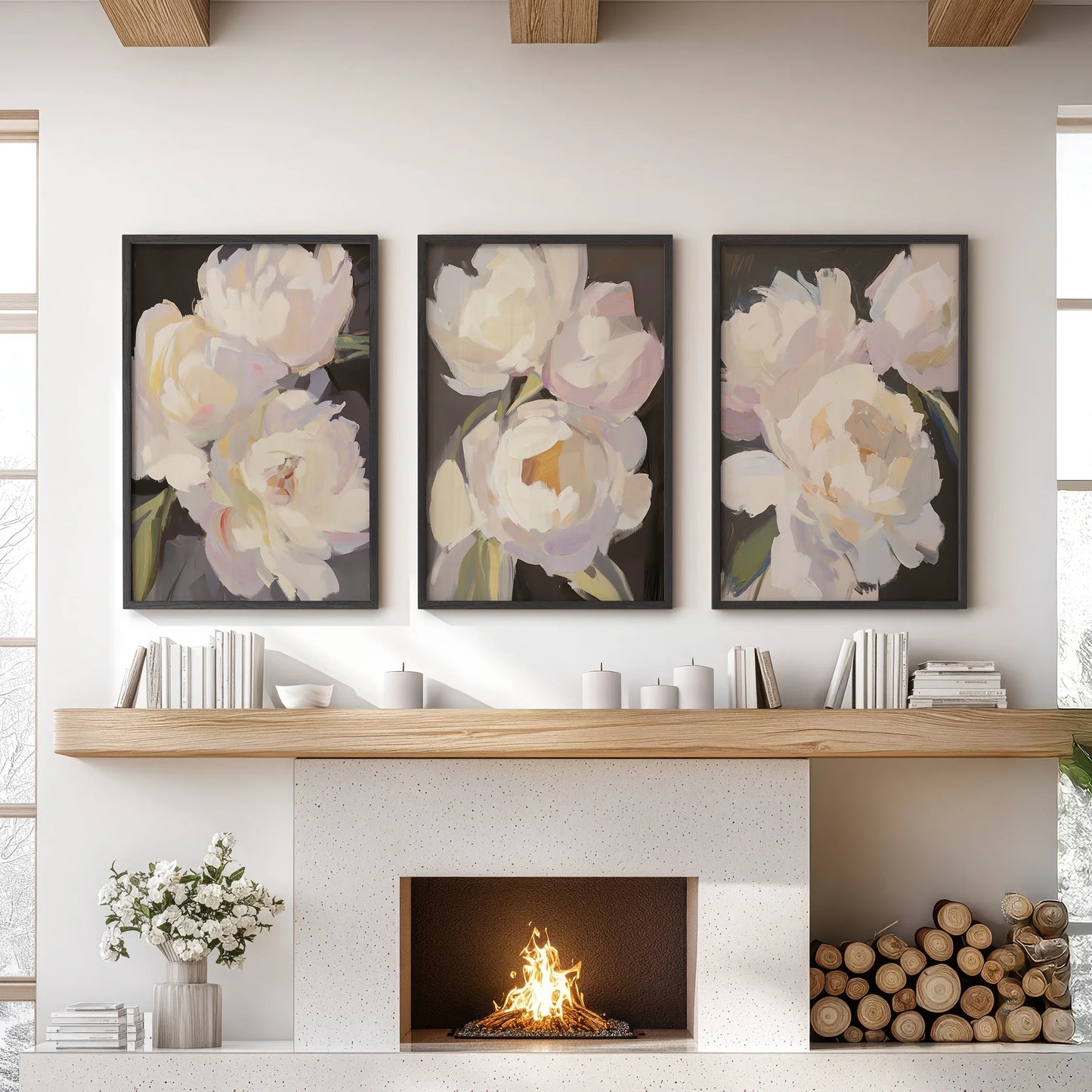 Moody Peony Wall Art Set of 3 Pink and White Floral Prints