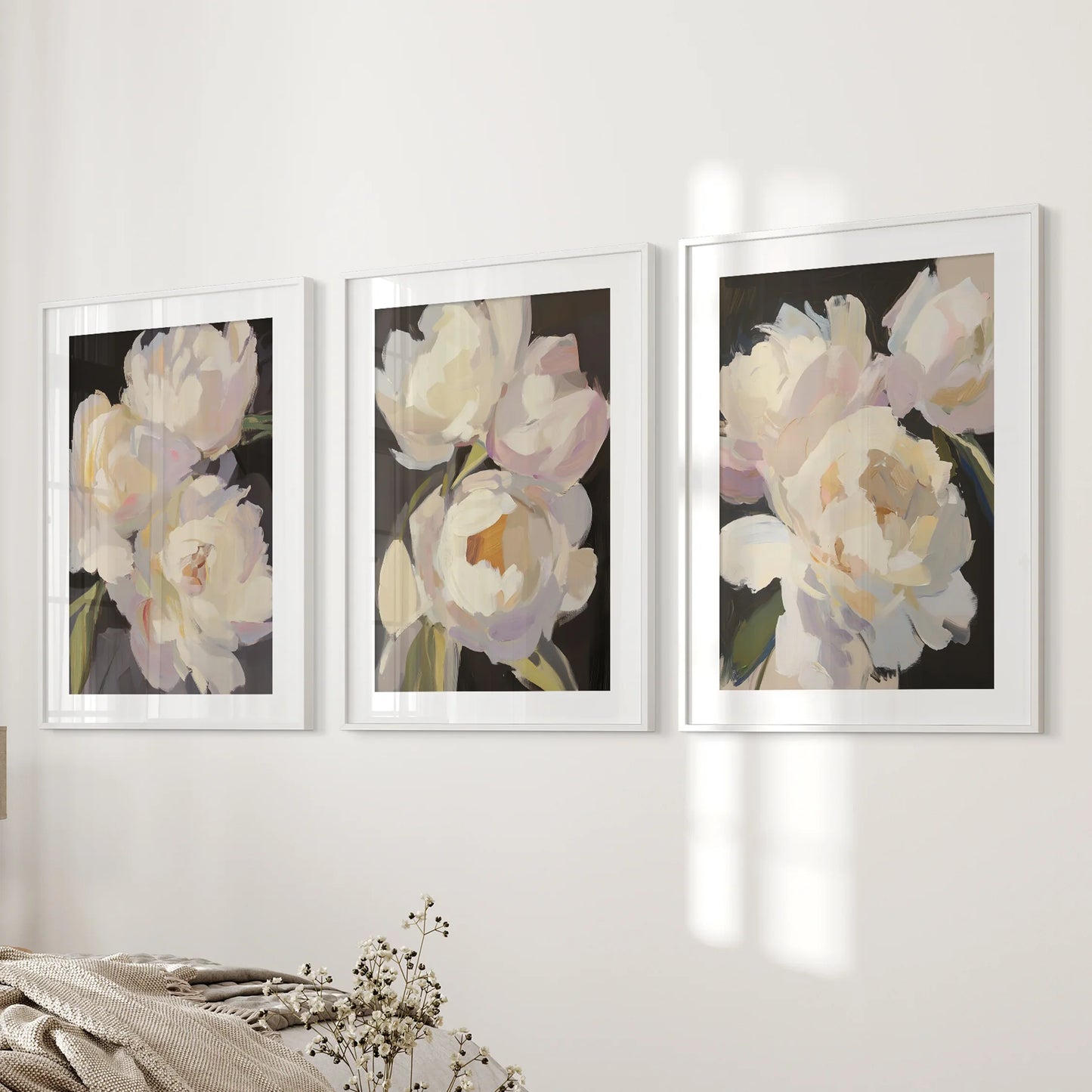 Moody Peony Wall Art Set of 3 Pink and White Floral Prints