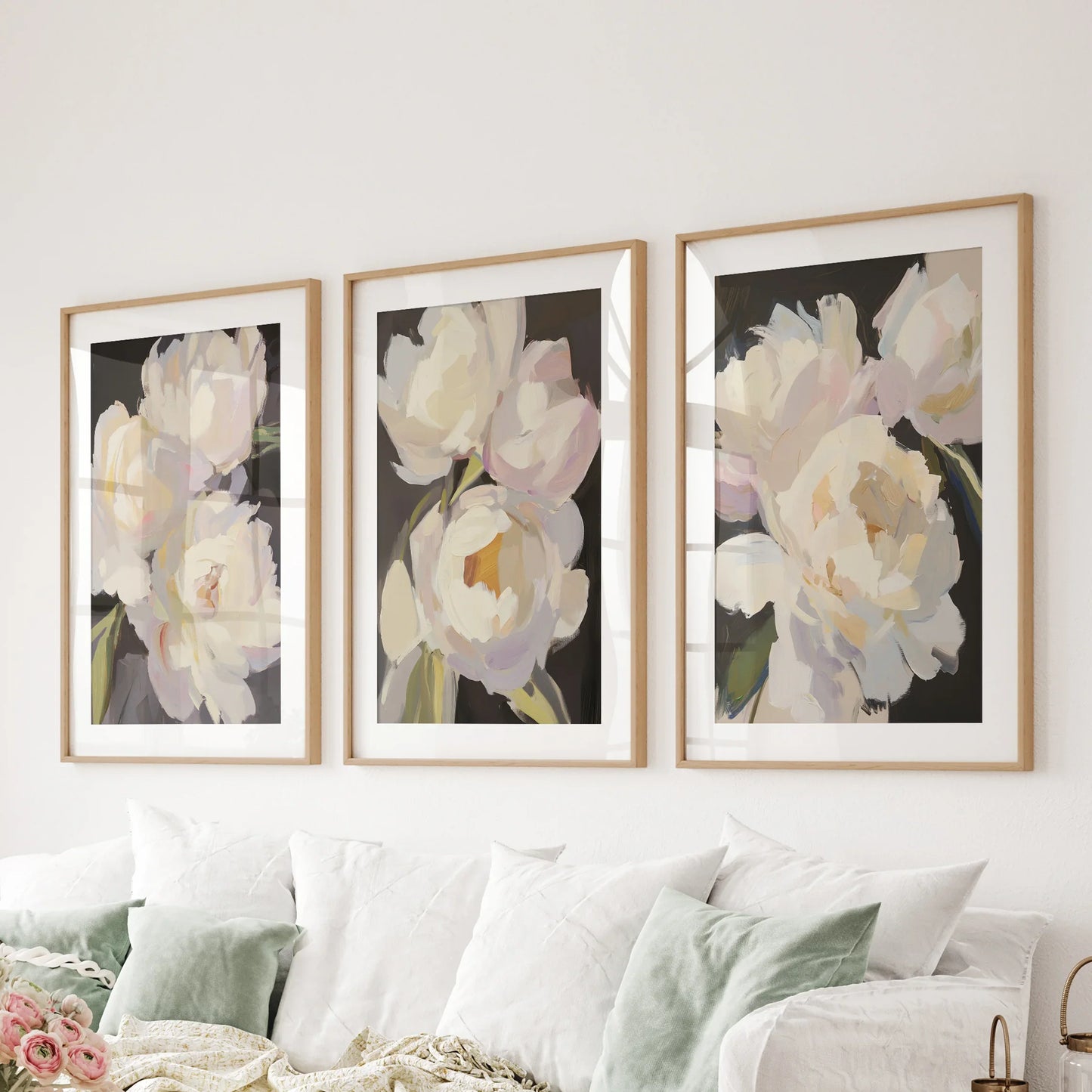 Moody Peony Wall Art Set of 3 Pink and White Floral Prints