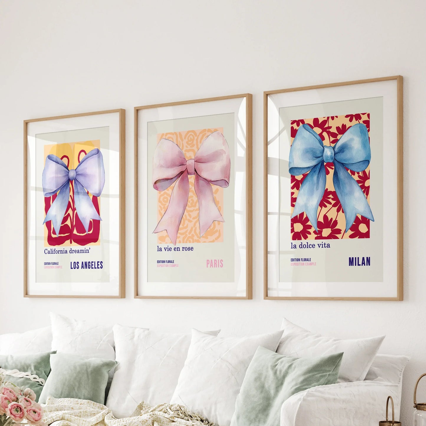 Girly Bow Wall Art Set of 3 Preppy Pastel Prints