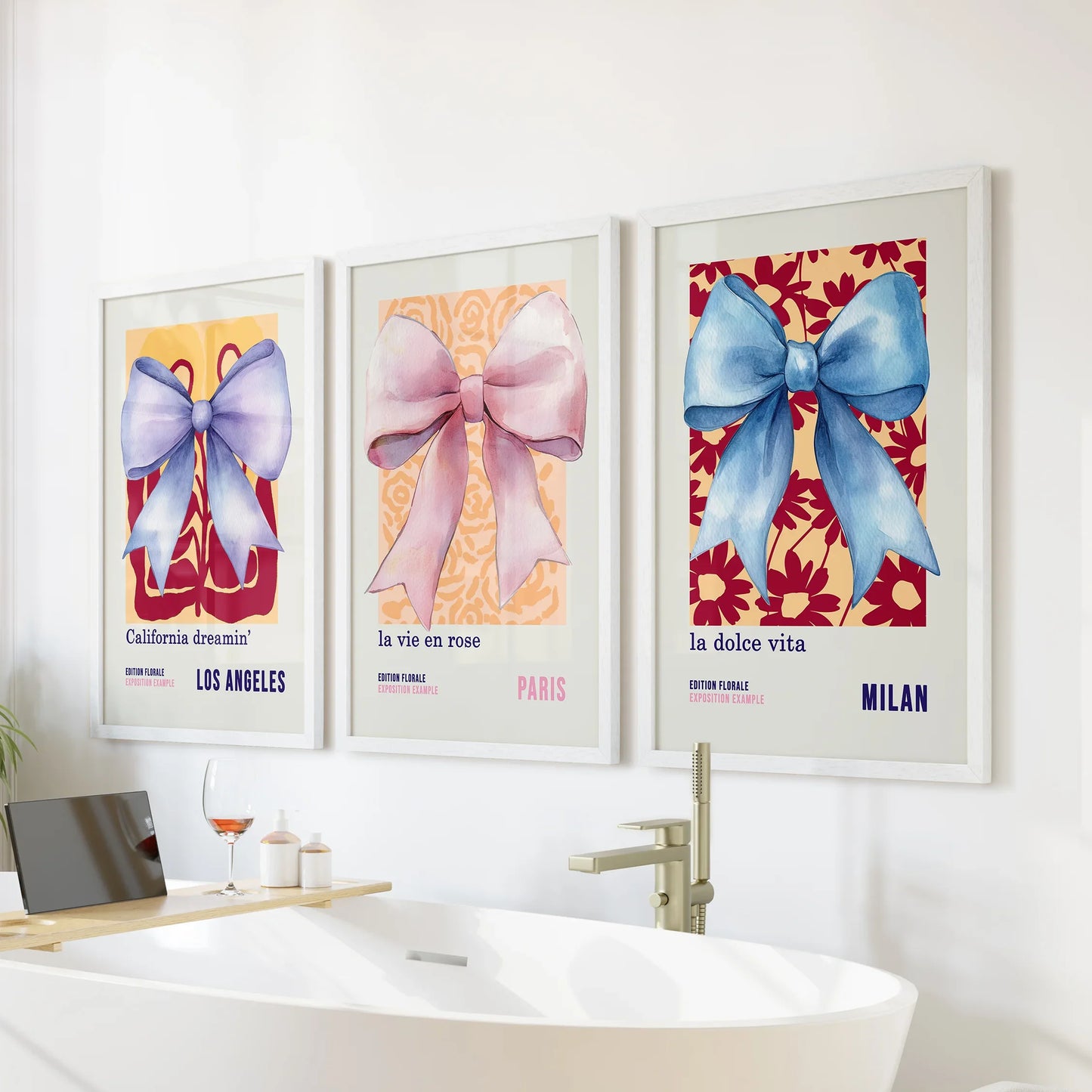 Girly Bow Wall Art Set of 3 Preppy Pastel Prints