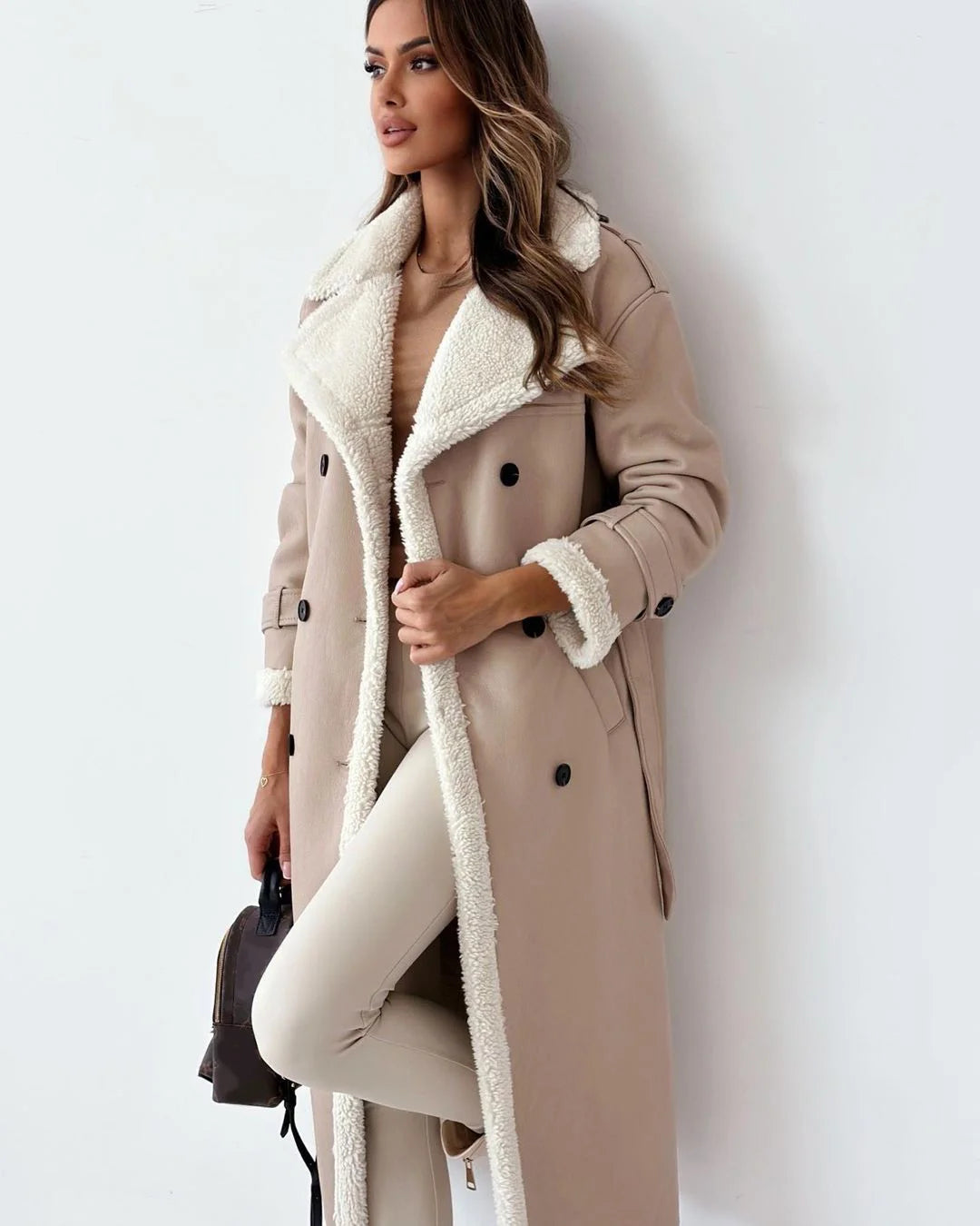 apricot faux leather coat with white lining
