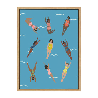 Coastal swimmers framed canvas wall art in calm blue tones, ready to hang