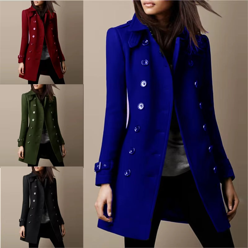 assortment of long button coats in multiple colors