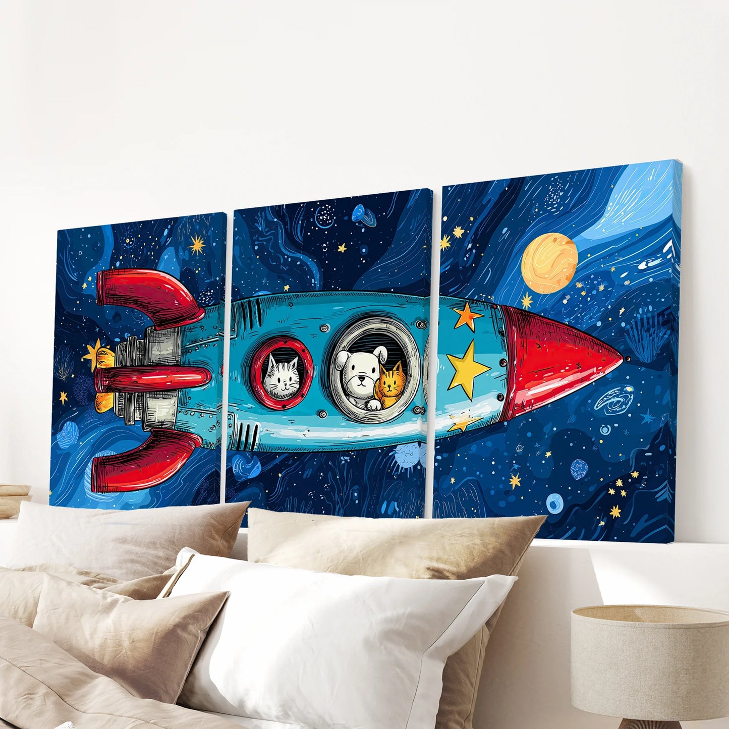 Outer Space Wall Art Set of 3 Rocket and Stars Nursery Prints