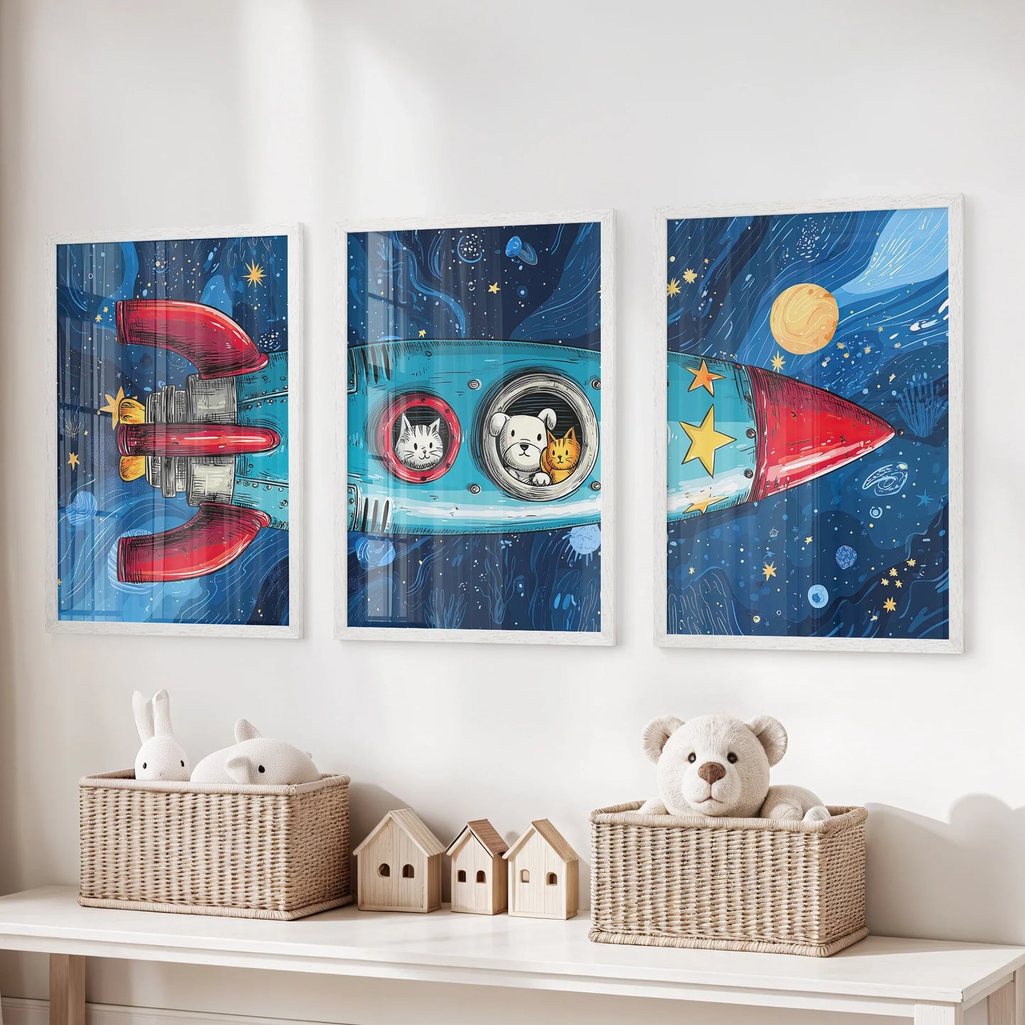 Outer Space Wall Art Set of 3 Rocket and Stars Nursery Prints