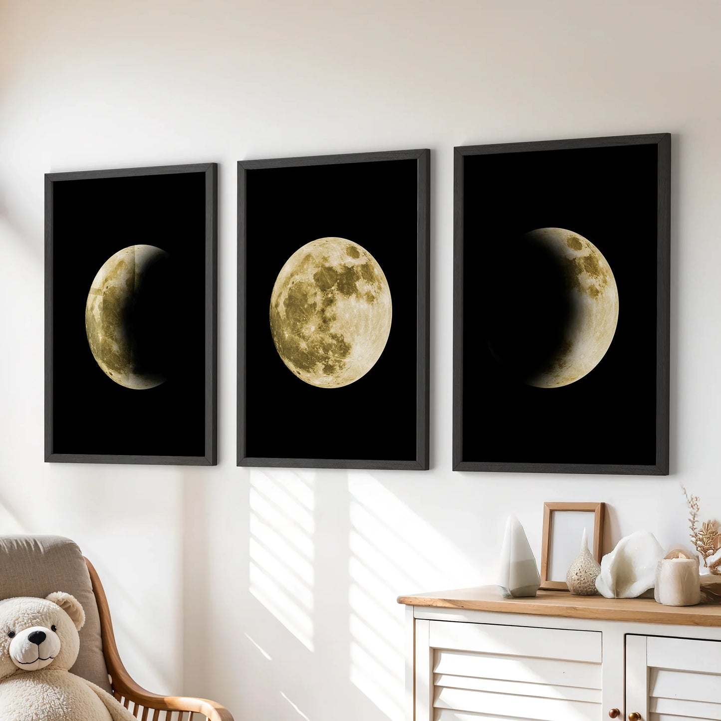 Celestial Moon Phases Wall Art Set of 3 Gold Prints
