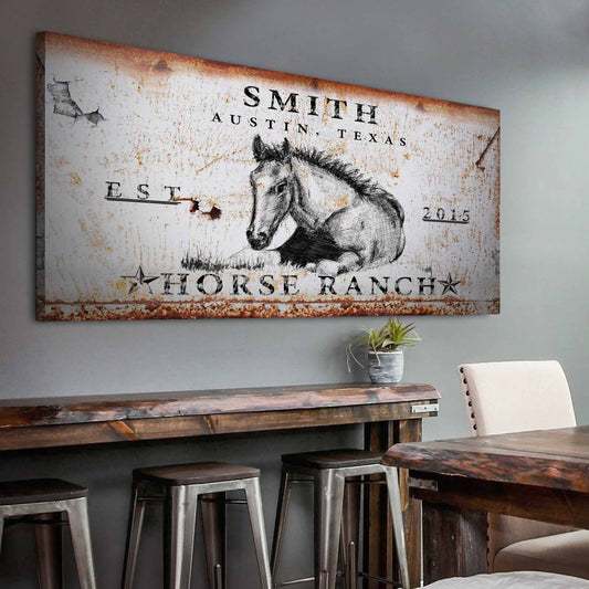 Rustic horse ranch farmhouse canvas art with pastoral horses in vintage-inspired design