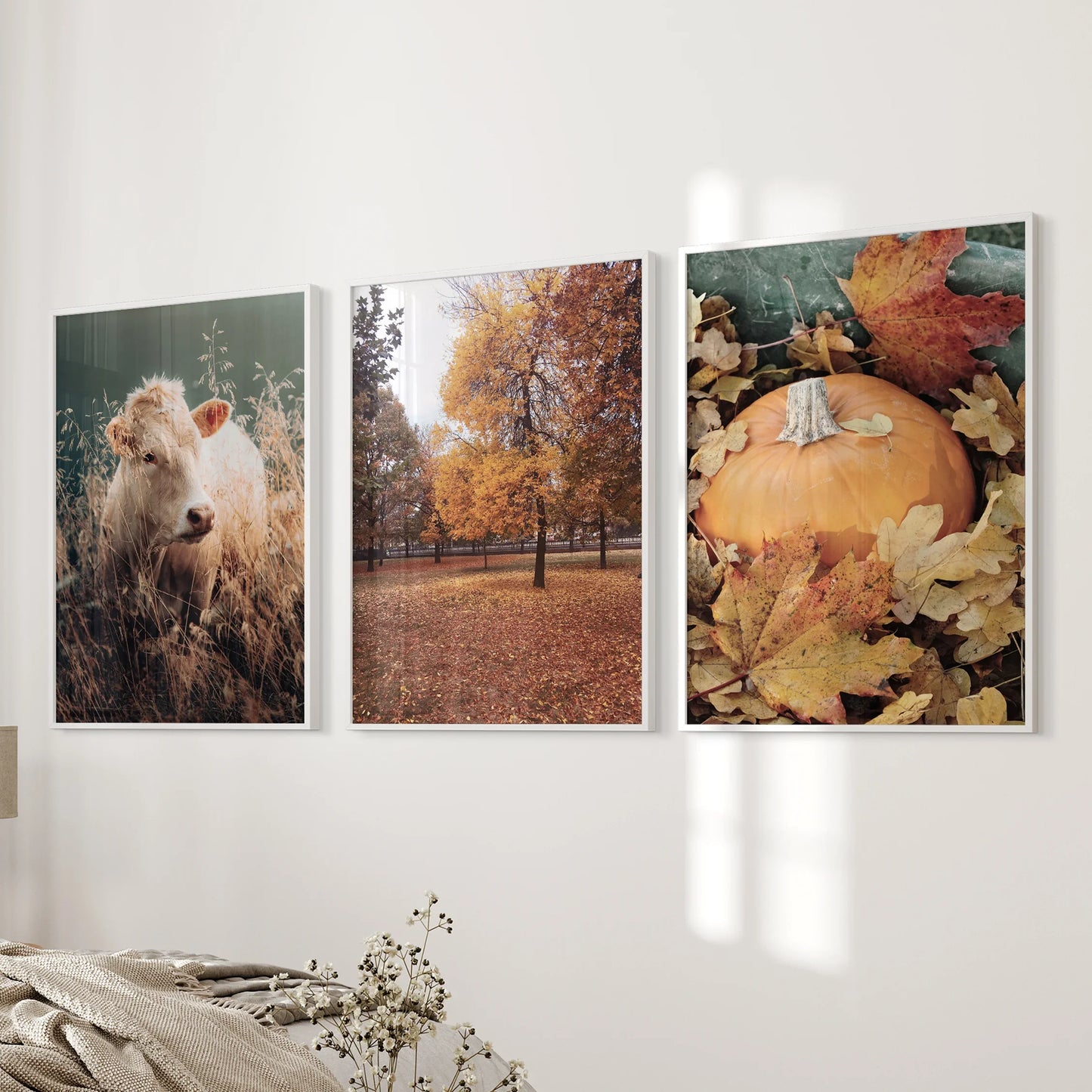 Autumn Farmhouse Wall Art Set of 3 Cow and Fall Prints