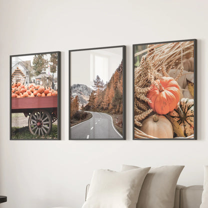 Autumn Pumpkin Wall Art Set of 3 Rustic Fall Prints