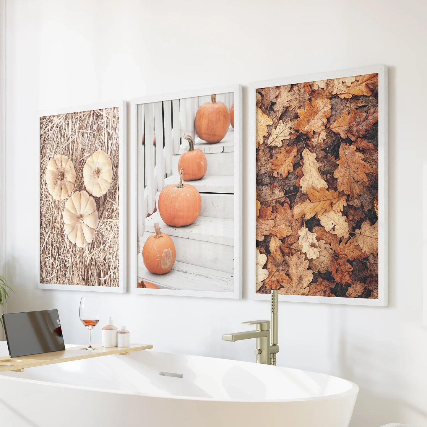 Cozy Fall Wall Art Set of 3 Pumpkins and Autumn Leaves