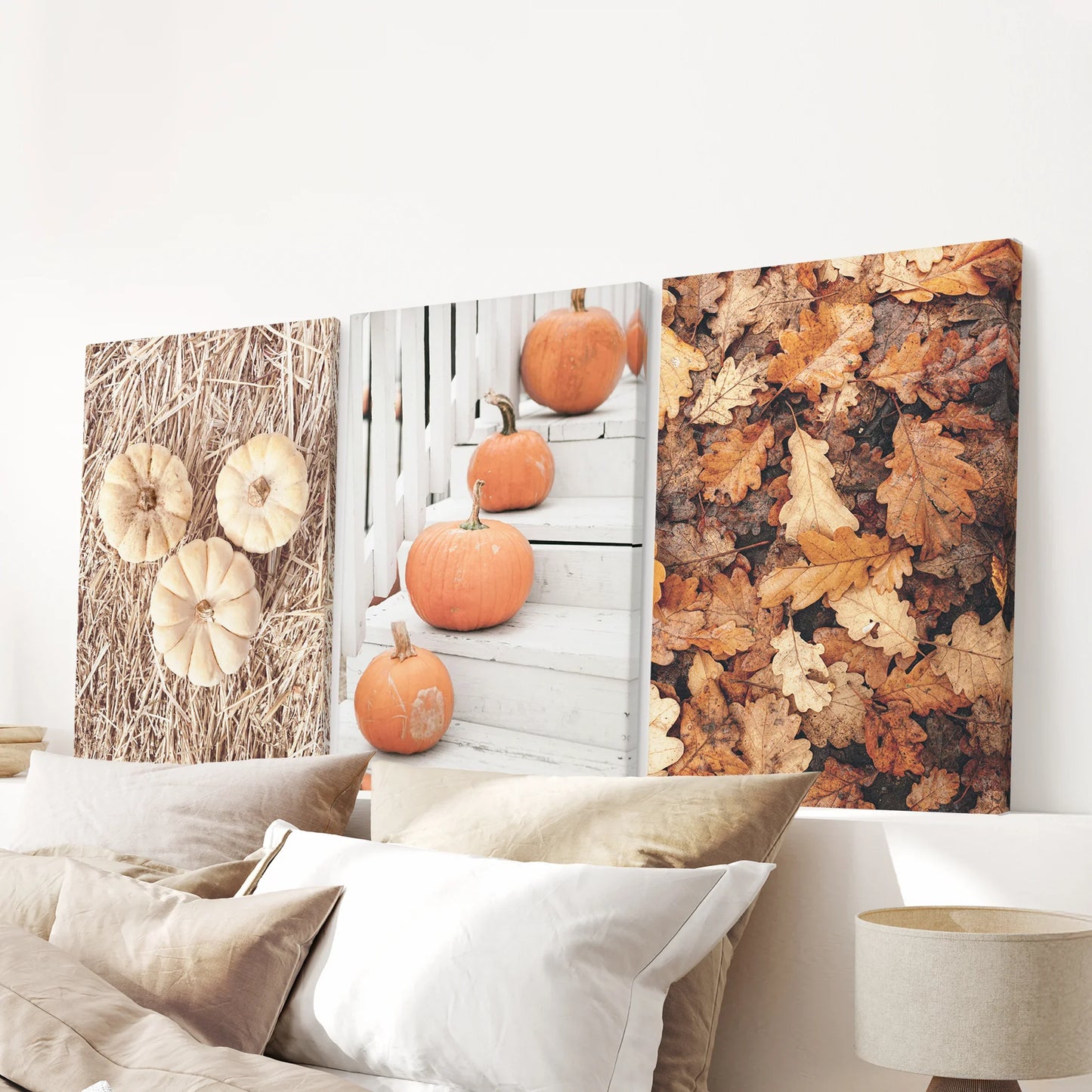 Cozy Fall Wall Art Set of 3 Pumpkins and Autumn Leaves