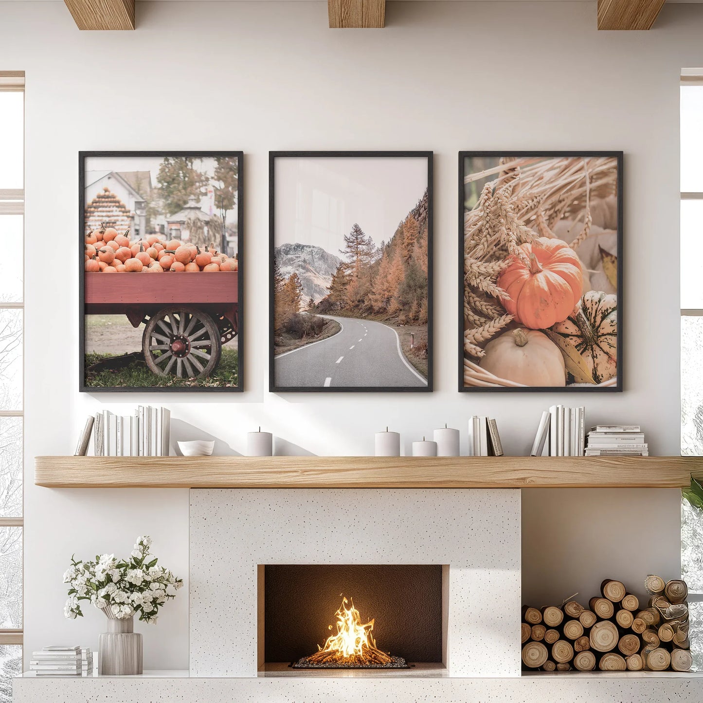 Autumn Pumpkin Wall Art Set of 3 Rustic Fall Prints